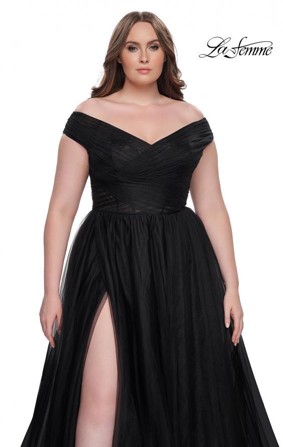Picture of: A-Line Tulle Off the Shoulder Plus Size Dress with Slit in Black, Style: 32204, Detail Picture 14