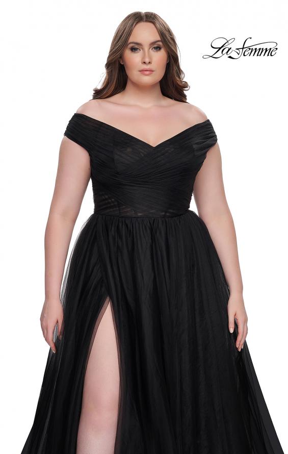Picture of: A-Line Tulle Off the Shoulder Plus Size Dress with Slit in Black, Style: 32204, Detail Picture 14