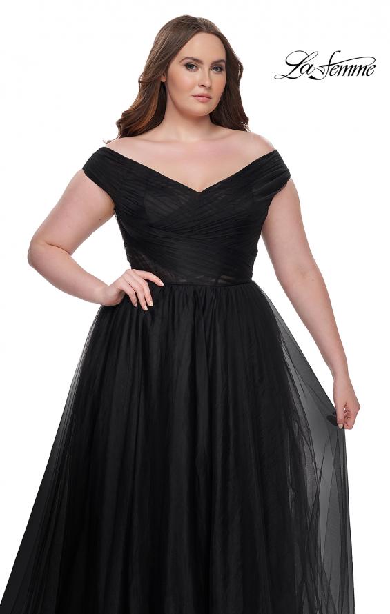 Picture of: A-Line Tulle Off the Shoulder Plus Size Dress with Slit in Black, Style: 32204, Detail Picture 15