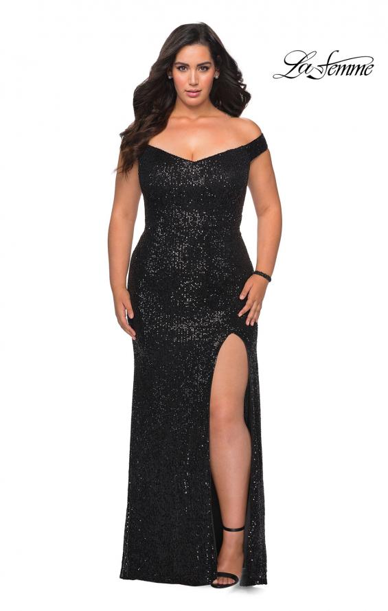 Picture of: Sequin Plus Size Dress with Off the Shoulder Detail in Black, Style: 29023, Back Picture