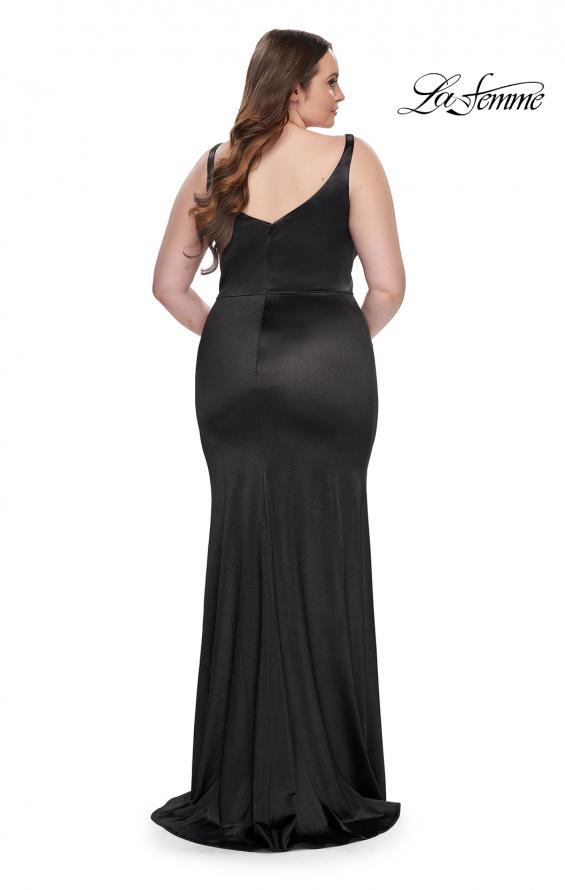 Picture of: Stretch Satin Plus Size Dress with Unique Neckline and Slit in Black, Style: 31266, Back Picture