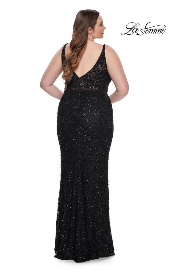 Picture of: Fitted Beaded Lace Plus Size Prom Dress with Illusion Waist in Black, Style: 31535, Back Picture