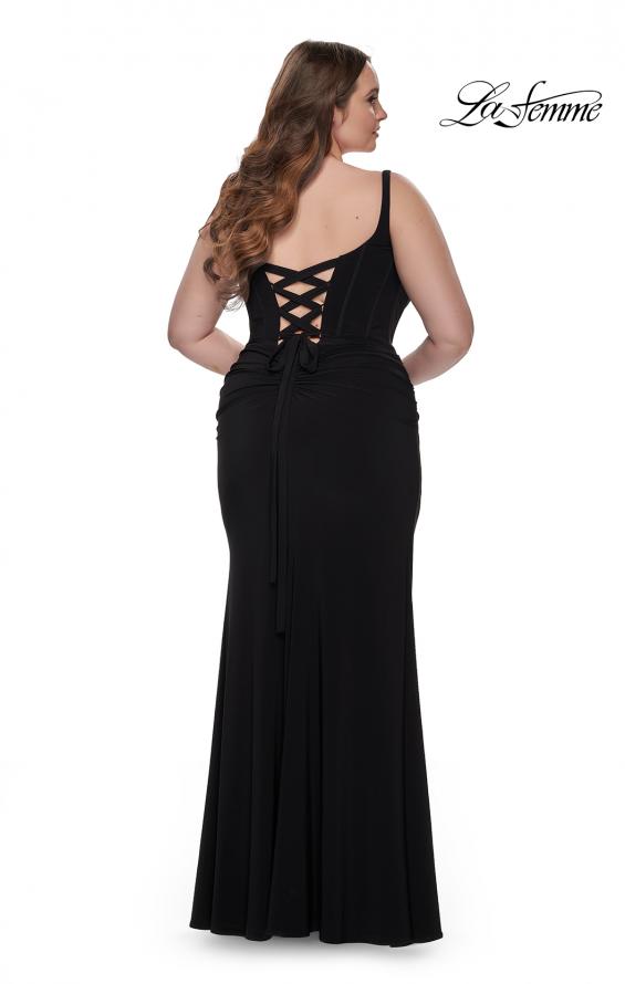 Picture of: Jersey Long Plus Size Dress with Bustier Top and Tie Back in Black, Style: 32190, Back Picture
