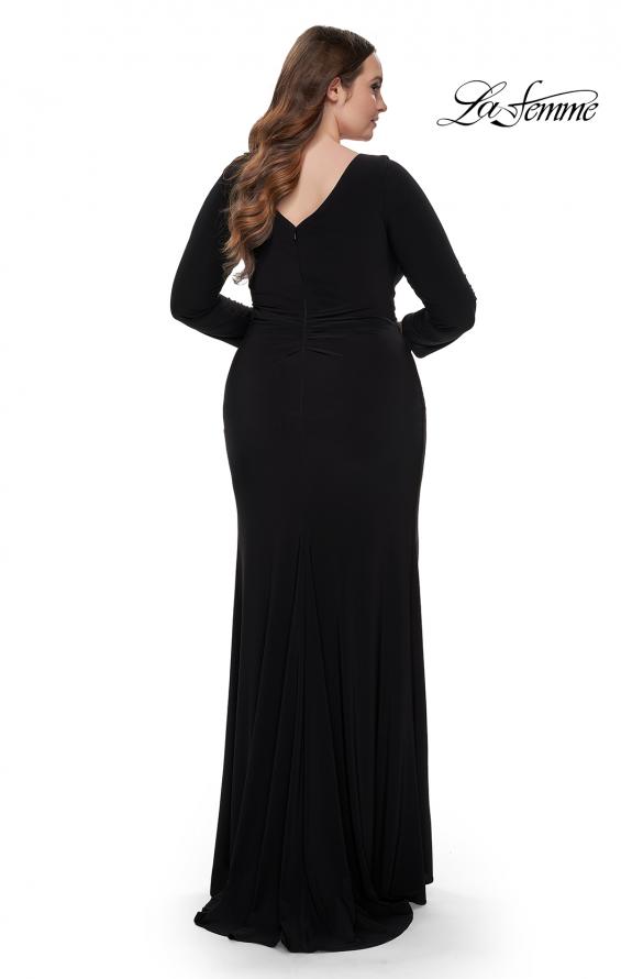 Picture of: Long Sleeve Jersey Plus Size Evening Dress with Ruching in Black, Style: 32191, Back Picture