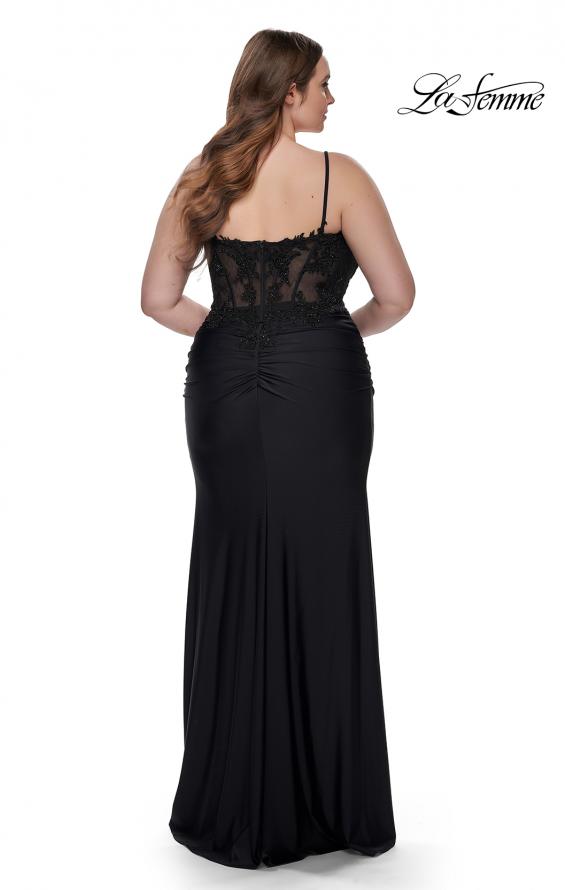 Picture of: Long Plus Size Jersey Dress with Illusion Lace Bodice in Black, Style: 32226, Back Picture