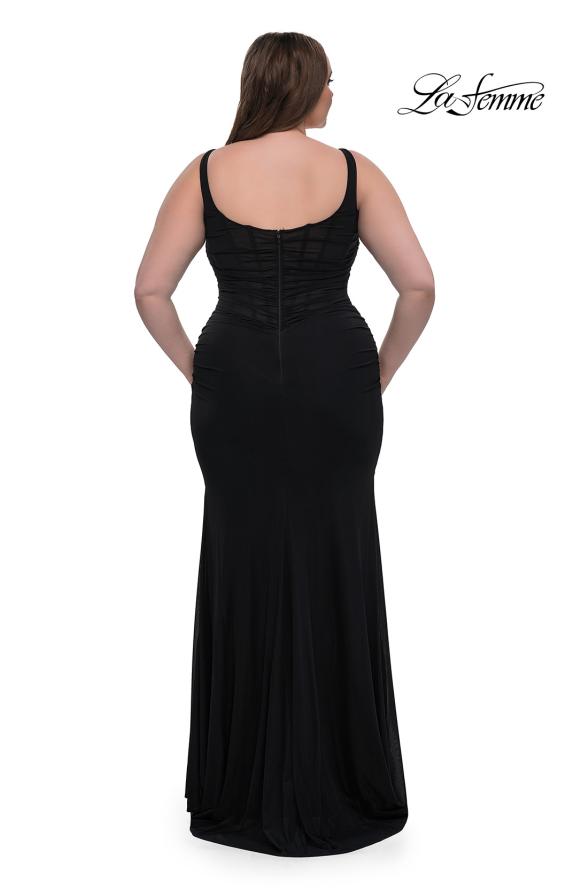 Picture of: Modified Square Neckline Plus Size Dress with Ruching in Black, Style: 33005, Back Picture