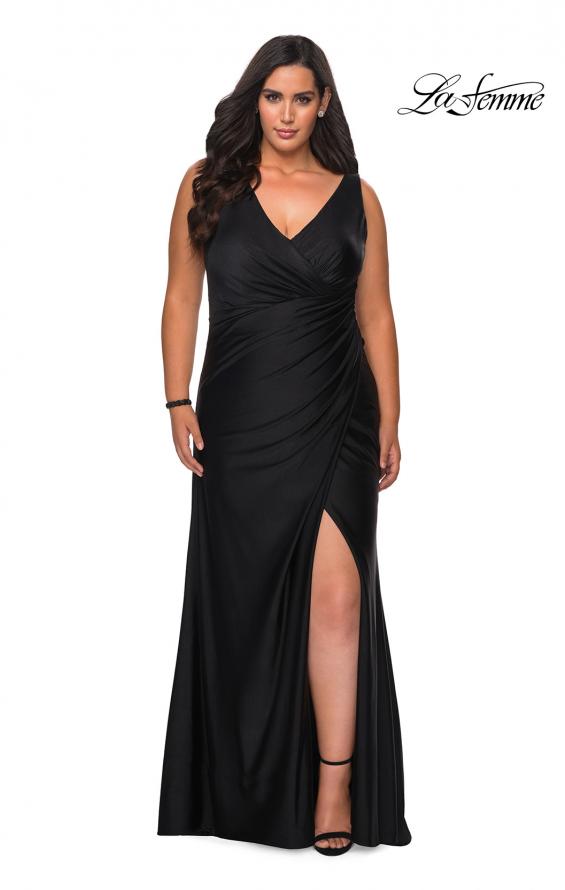 Picture of: Curvy Jersey Prom Dress with Ruching and Slit in Black, Style: 29024, Detail Picture 1