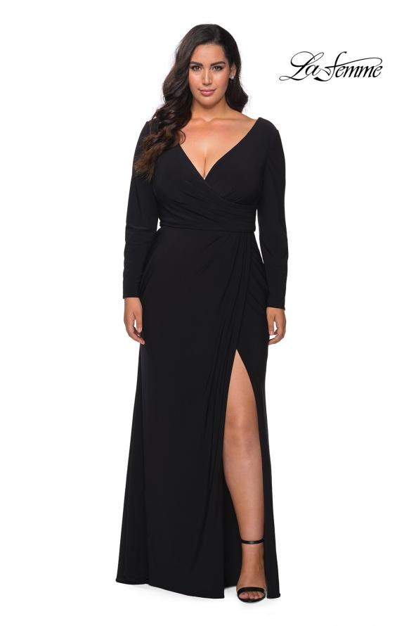 Picture of: Long Sleeve Curvy Prom Dress with Ruching in Black, Style: 29044, Detail Picture 1