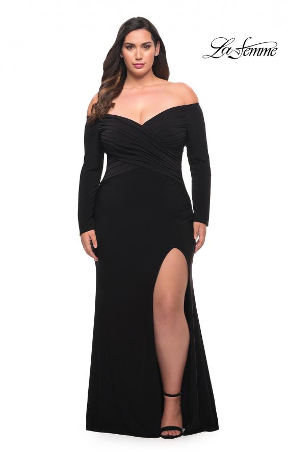 Picture of: Long Sleeve Off the Shoulder Plus Size Gown in Black, Style: 29530, Detail Picture 1