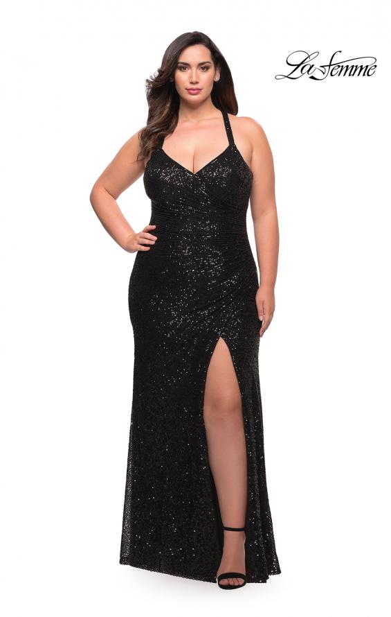 Picture of: Sequin Long Plus Gown with V Neck and Slit in Black, Style: 29579, Detail Picture 1
