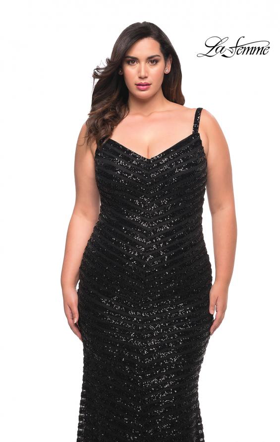 Picture of: Thick Line Sequin Print Plus Size Gown with V Neck in Black, Style: 29622, Detail Picture 1