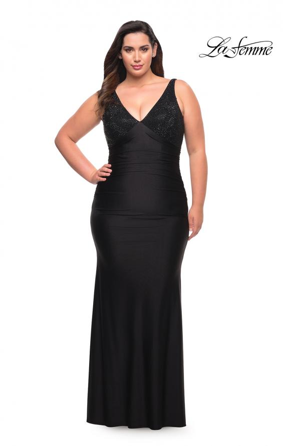 Picture of: Jersey Plus Gown with Jeweled Bodice and V Neckline in Black, Style: 29751, Detail Picture 1