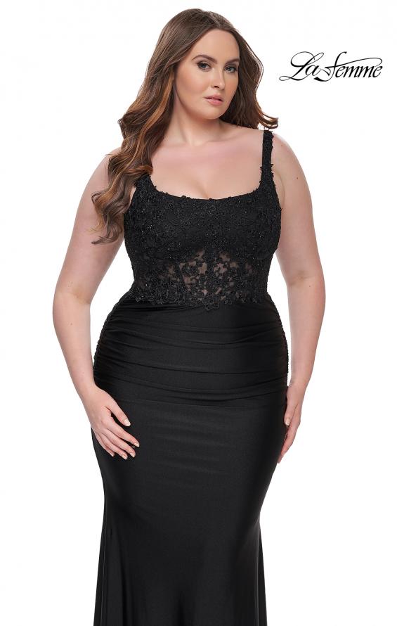 Picture of: Ruched Jersey Plus Dress with Illusion Lace Bodice and Tie Back in Black, Style: 31273, Detail Picture 1