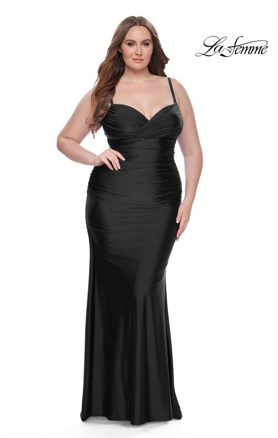 Picture of: Ruched Jersey Plus Size Dress with Lace Up Back in Black, Style: 31632, Detail Picture 1