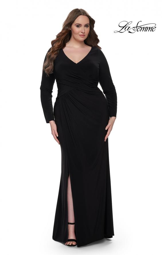 Picture of: Long Sleeve Jersey Plus Size Evening Dress with Ruching in Black, Style: 32191, Detail Picture 1