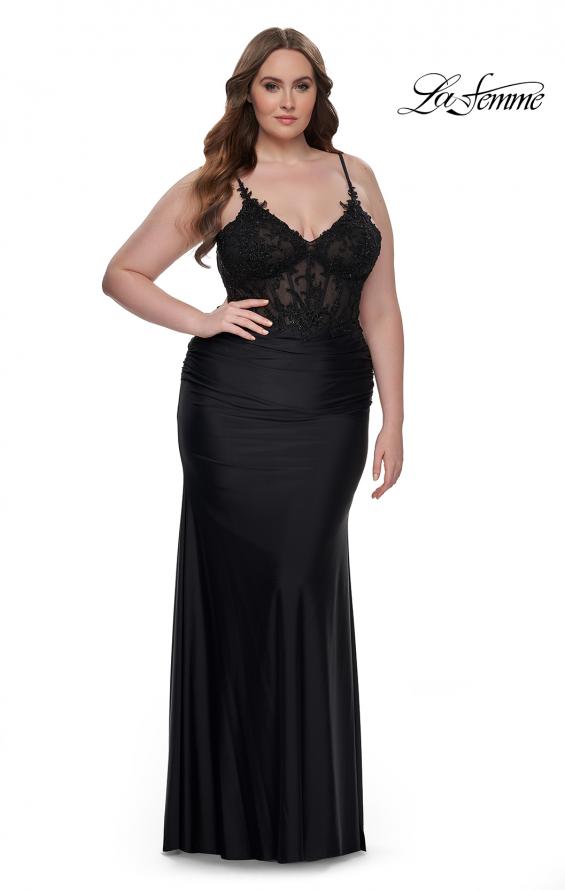 Picture of: Long Plus Size Jersey Dress with Illusion Lace Bodice in Black, Style: 32226, Detail Picture 1