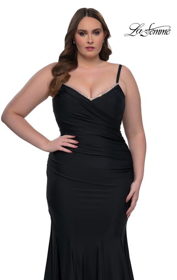 Picture of: Chic Plus Size Dress with Ruching and Rhinestone Neckline Detail in Black, Style: 33057, Detail Picture 1