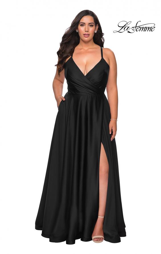Picture of: Satin A-line Plus Dress with Lace Up Back and Pockets in Black, Style: 29033, Detail Picture 2