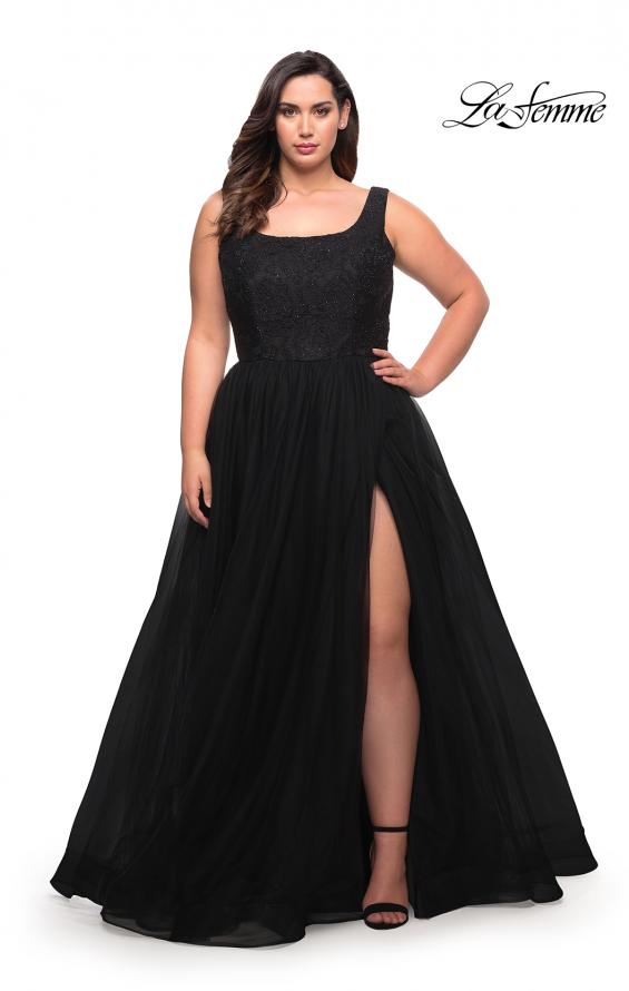 Picture of: A-line Tulle and Lace Plus Size Gown with Slit in Black, Style: 29070, Detail Picture 2