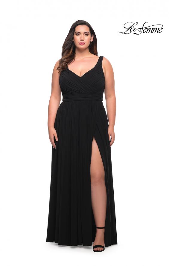 Picture of: Net Jersey Plus Size Long Dress with Slit and V Neck in Black, Style: 29075, Detail Picture 2