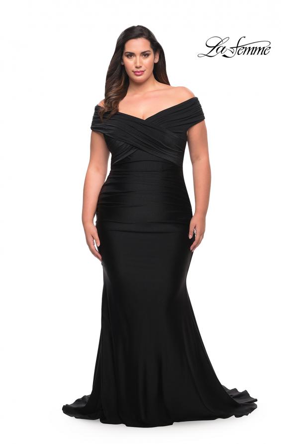 Picture of: Off the Shoulder Ruched Plus Size Gown with Train in Black, Style: 29132, Detail Picture 2