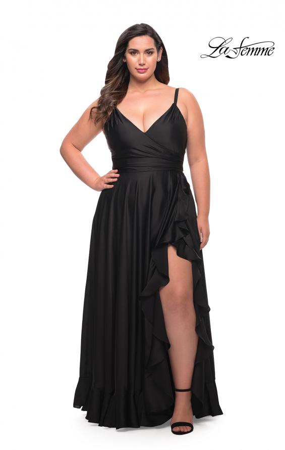 Picture of: Ruffle Slit Satin Long Plus Size Dress with V Neck in Black, Style: 29740, Detail Picture 2