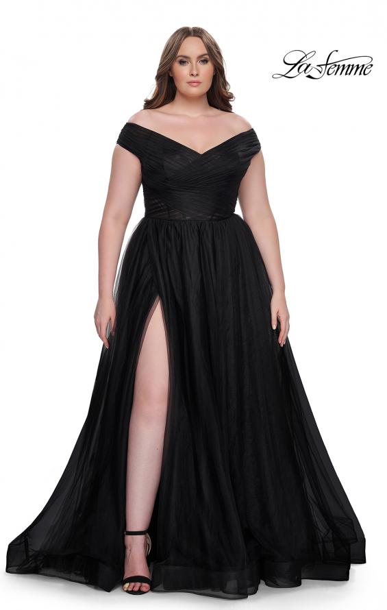 Picture of: A-Line Tulle Off the Shoulder Plus Size Dress with Slit in Black, Style: 32204, Detail Picture 2