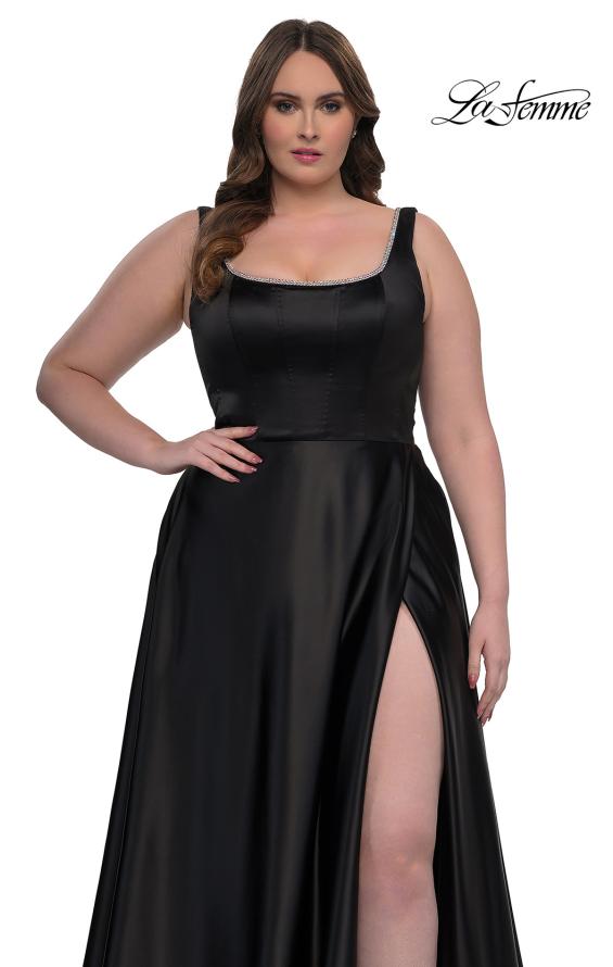 Picture of: A-line Satin Plus Prom Dress with Rhinestone Neckline in Black, Style: 33026, Detail Picture 2