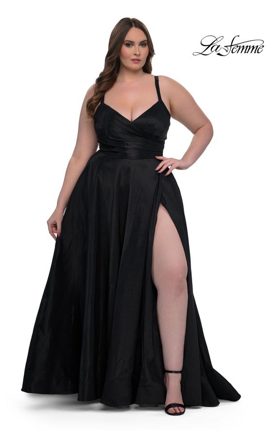 Picture of: Simple A-line Mikado Plus Dress with Slit in Black, Style: 33075, Detail Picture 2