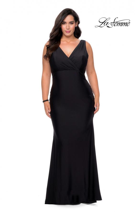 Picture of: Neon Plus Size Jersey Dress with Faux Wrap Bodice in Black, Style: 29016, Detail Picture 3