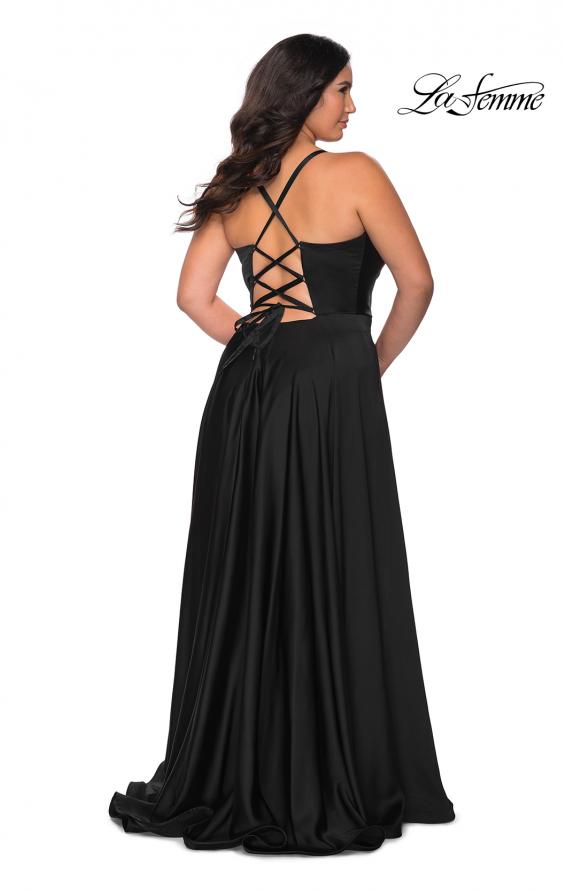 Picture of: Satin A-line Plus Dress with Lace Up Back and Pockets in Black, Style: 29033, Detail Picture 3