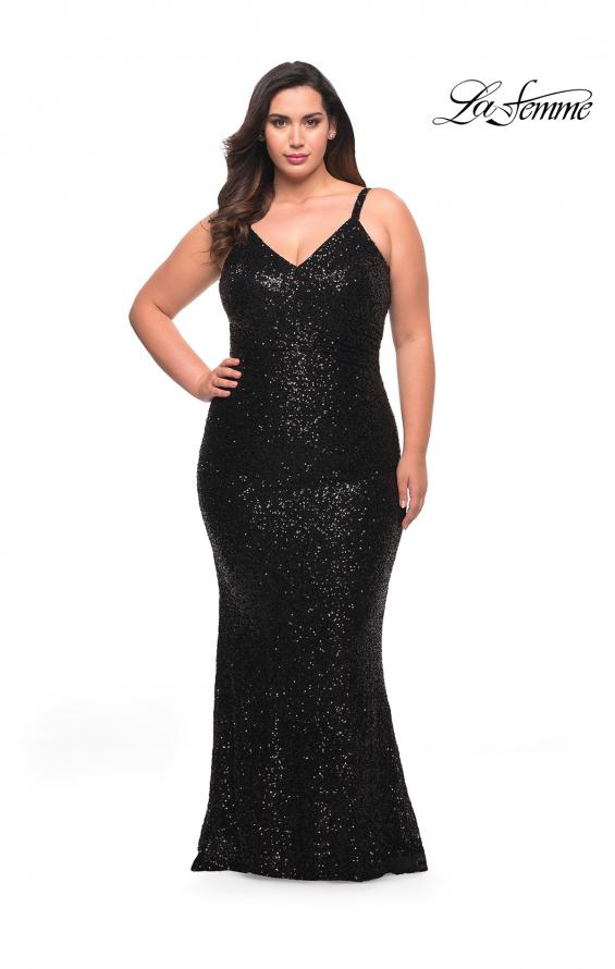 Picture of: V Neck Sequin Plus Size Long Gown in Black, Style: 29546, Detail Picture 3