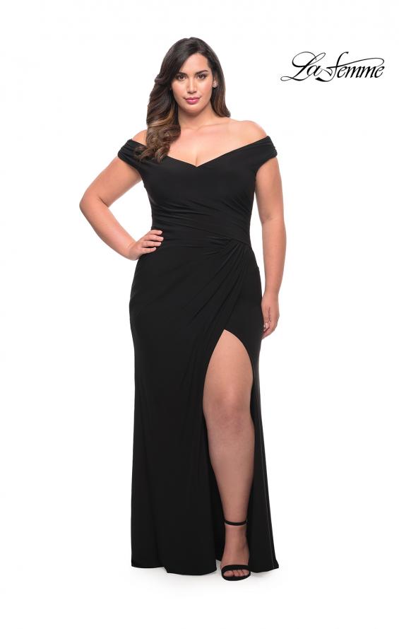Picture of: Matte Jersey Long Plus Dress with Ruching and Slit in Black, Style: 29663, Detail Picture 3