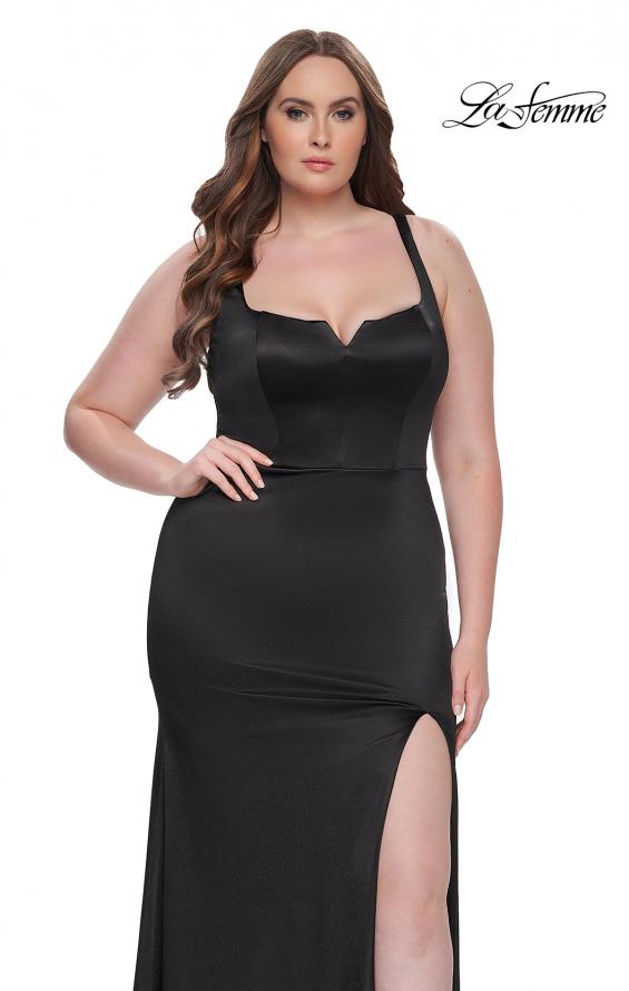 Picture of: Stretch Satin Plus Size Dress with Unique Neckline and Slit in Black, Style: 31266, Detail Picture 3