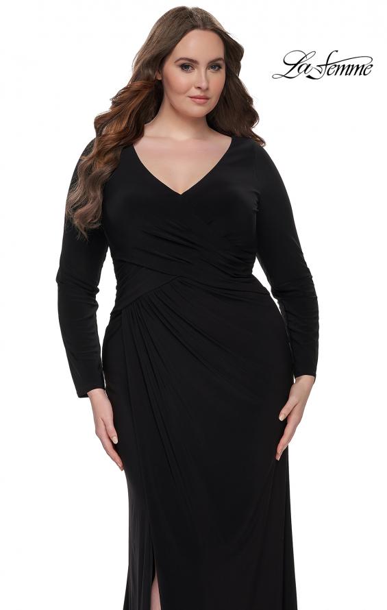 Picture of: Long Sleeve Jersey Plus Size Evening Dress with Ruching in Black, Style: 32191, Detail Picture 3