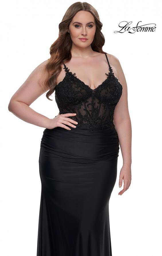 Picture of: Long Plus Size Jersey Dress with Illusion Lace Bodice in Black, Style: 32226, Detail Picture 3