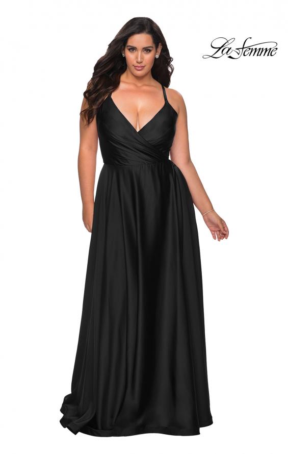 Picture of: Satin A-line Plus Dress with Lace Up Back and Pockets in Black, Style: 29033, Detail Picture 4