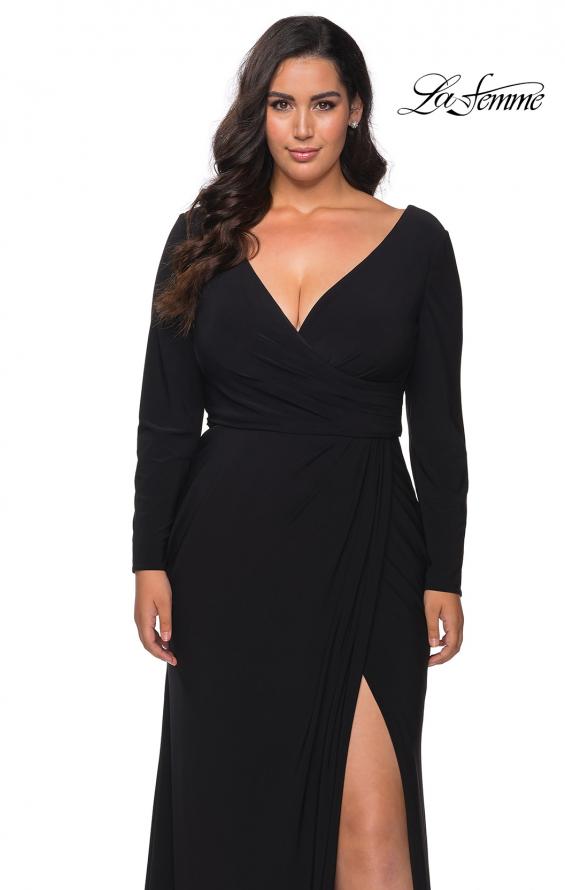 Picture of: Long Sleeve Curvy Prom Dress with Ruching in Black, Style: 29044, Detail Picture 4