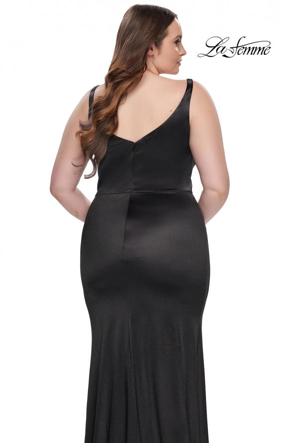 Picture of: Stretch Satin Plus Size Dress with Unique Neckline and Slit in Black, Style: 31266, Detail Picture 4
