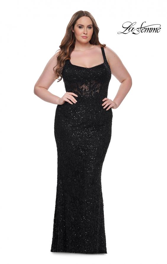 Picture of: Fitted Beaded Lace Plus Size Prom Dress with Illusion Waist in Black, Style: 31535, Detail Picture 4