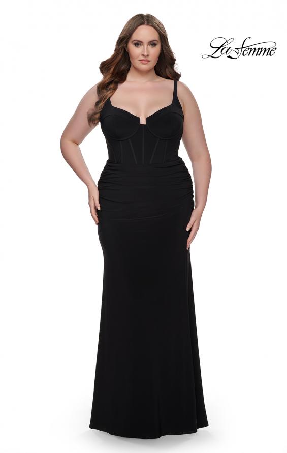 Picture of: Jersey Long Plus Size Dress with Bustier Top and Tie Back in Black, Style: 32190, Detail Picture 4