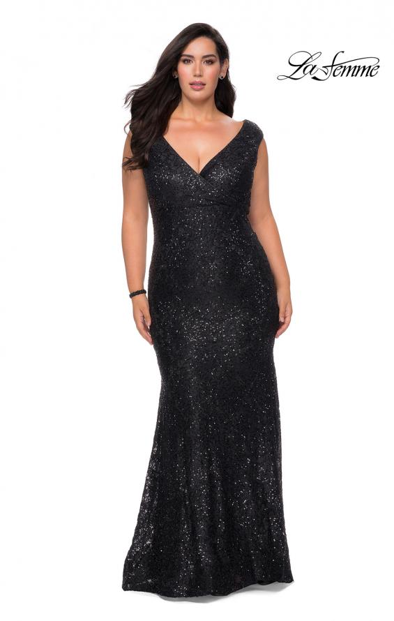 Picture of: Curvy Stretch Lace Dress with V-Neck and Rhinestones in Black, Style: 28837, Detail Picture 5