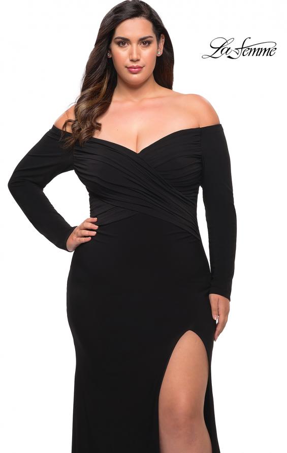 Picture of: Long Sleeve Off the Shoulder Plus Size Gown in Black, Style: 29530, Detail Picture 5