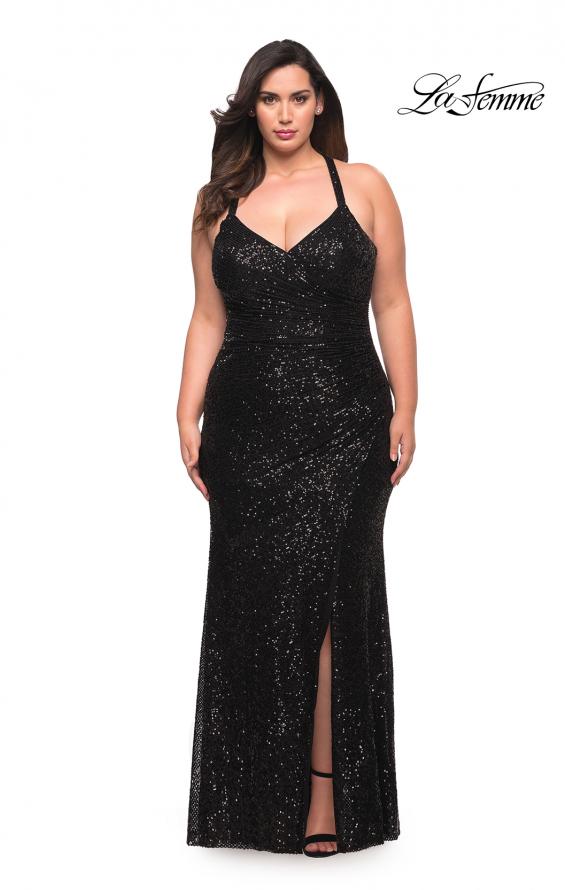 Picture of: Sequin Long Plus Gown with V Neck and Slit in Black, Style: 29579, Detail Picture 5