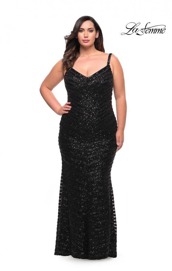 Picture of: Thick Line Sequin Print Plus Size Gown with V Neck in Black, Style: 29622, Detail Picture 5