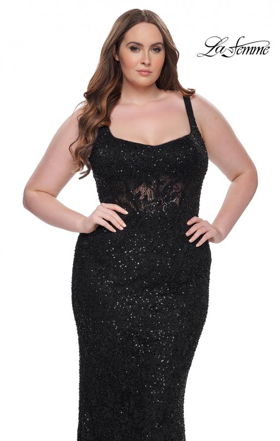 Picture of: Fitted Beaded Lace Plus Size Prom Dress with Illusion Waist in Black, Style: 31535, Detail Picture 5