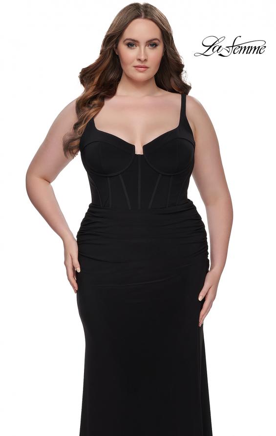 Picture of: Jersey Long Plus Size Dress with Bustier Top and Tie Back in Black, Style: 32190, Detail Picture 6