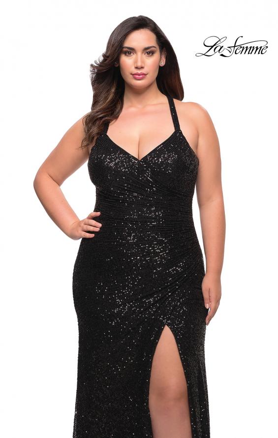 Picture of: Sequin Long Plus Gown with V Neck and Slit in Black, Style: 29579, Detail Picture 7