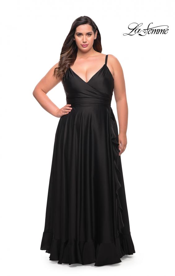 Picture of: Ruffle Slit Satin Long Plus Size Dress with V Neck in Black, Style: 29740, Detail Picture 7