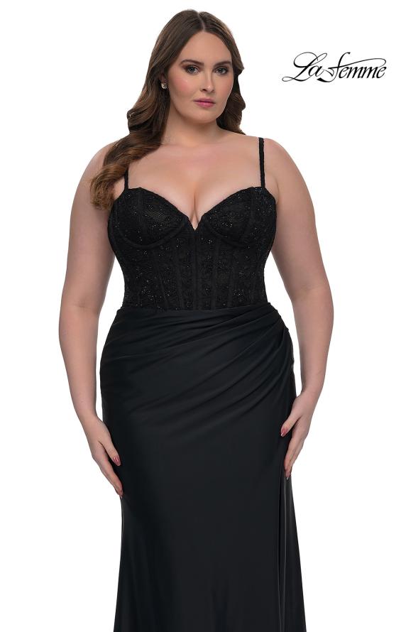Picture of: Plus Size Prom Dress with Lace Corset Top and Jersey Skirt in Black, Style: 32449, Detail Picture 7